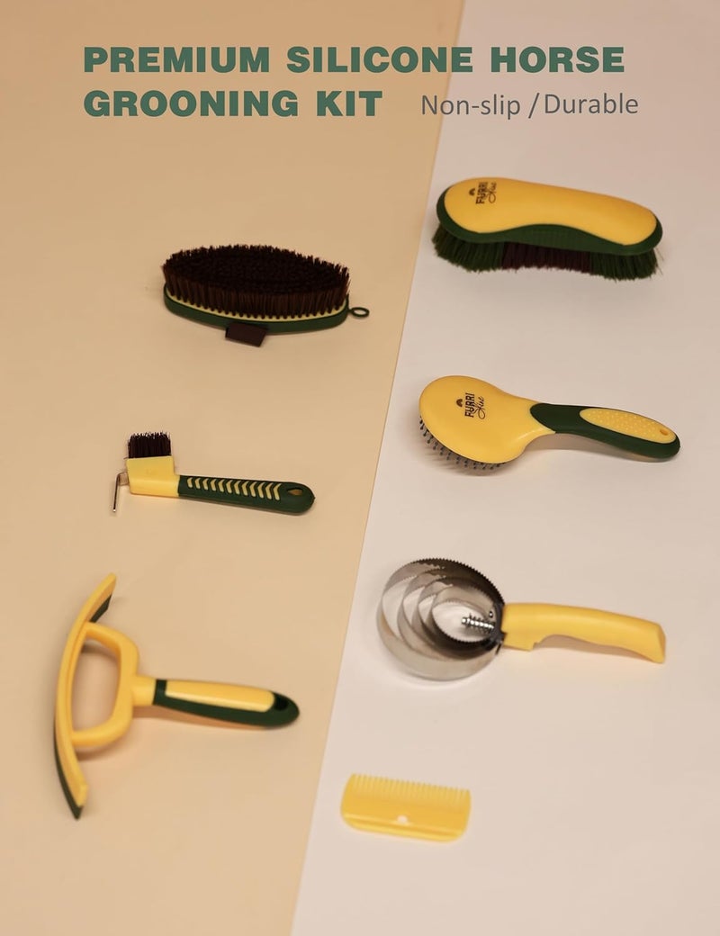 Furrishine 9PCS Horse Grooming Kit Curry Comb Sweat Scraper Horse Bathing Supplies Grooming Tools with Storage Bag Pasture Glow - Image 3